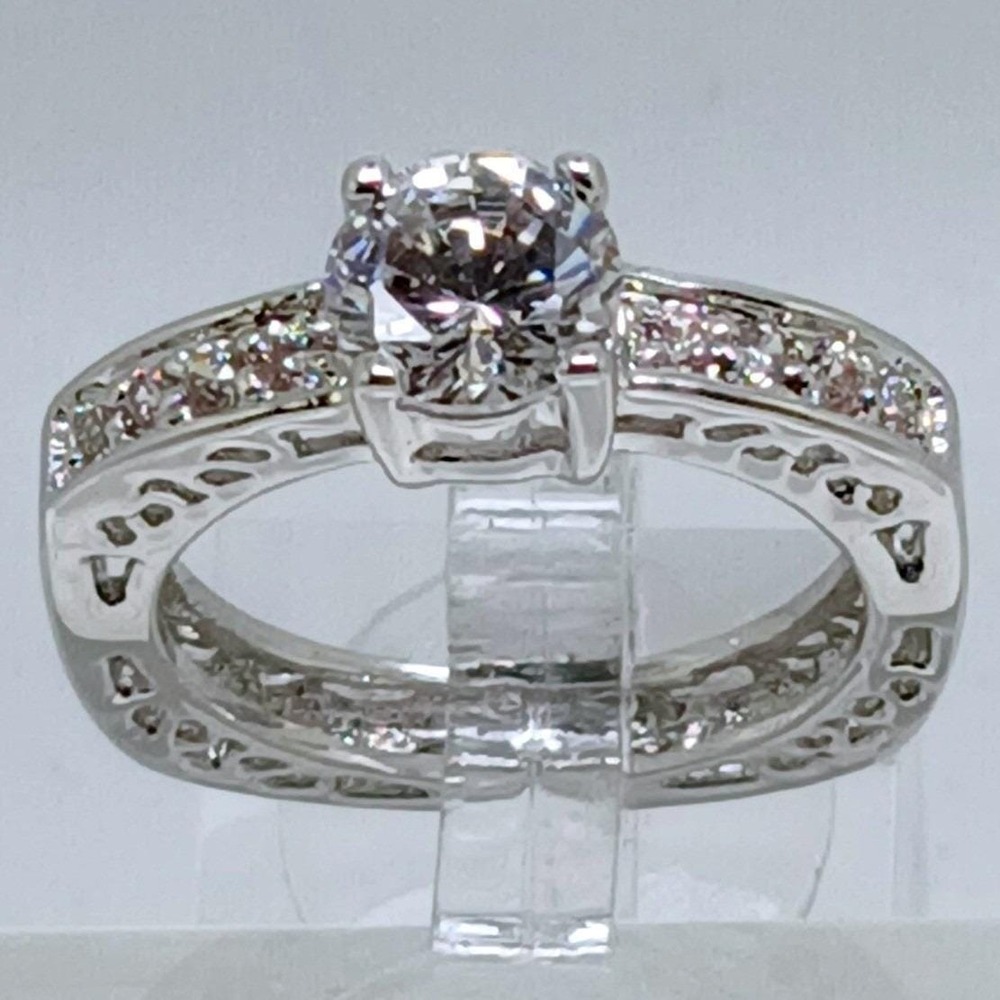 Vintage 1990s Round Cut CZ Solitaire Accent Ring Silver Tone Filigree Size 7